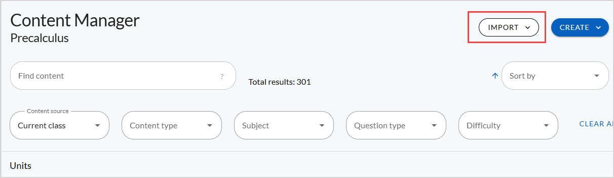 The Import Content button is at the top right of the Content Search UI
